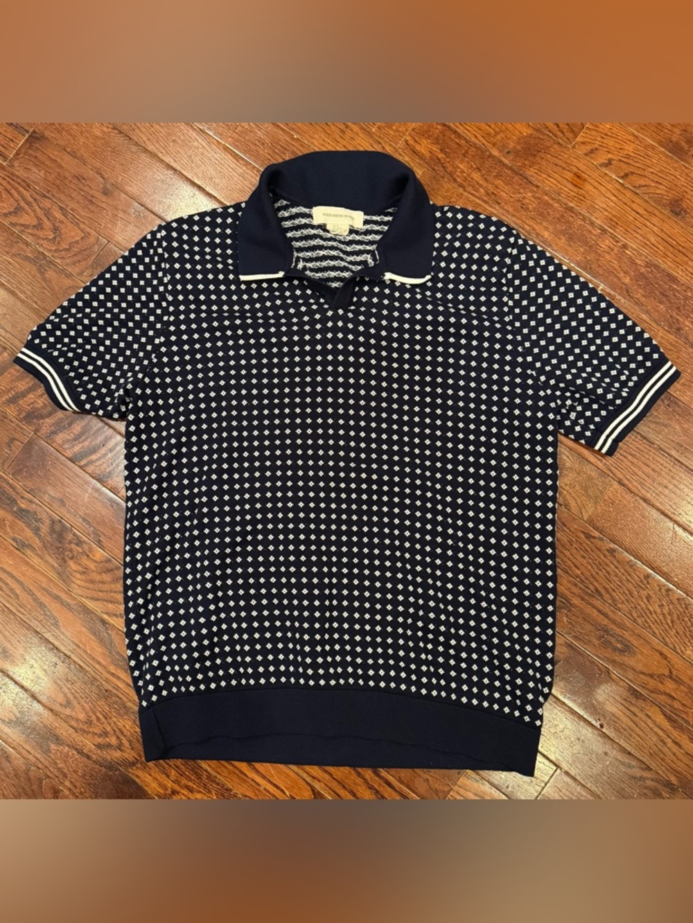 Frederik Anderson Navy White Vintage Inspired Short Sleeve Collared Sweater Med